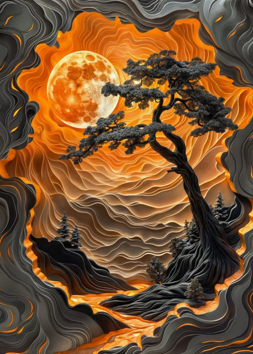 Artistic depiction of a tree against a fiery sky with a large moon.