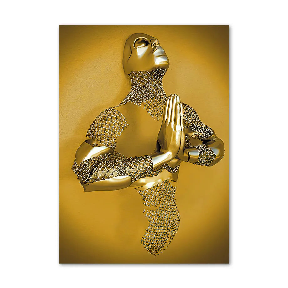 Gold monkey statue in a meditative pose on a gold background