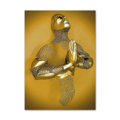 Gold monkey statue in a meditative pose on a gold background