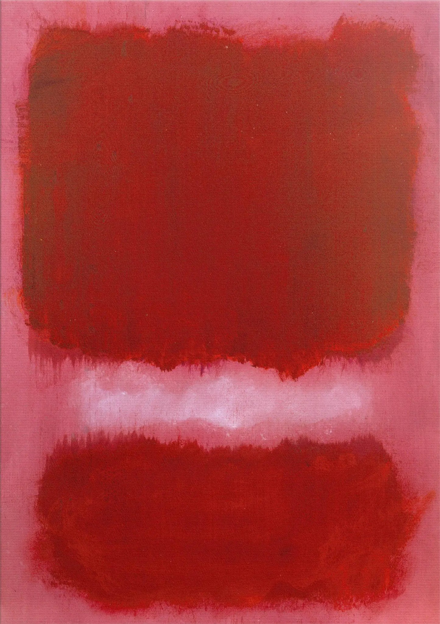 Abstract art piece with red and white brush strokes on a pink background