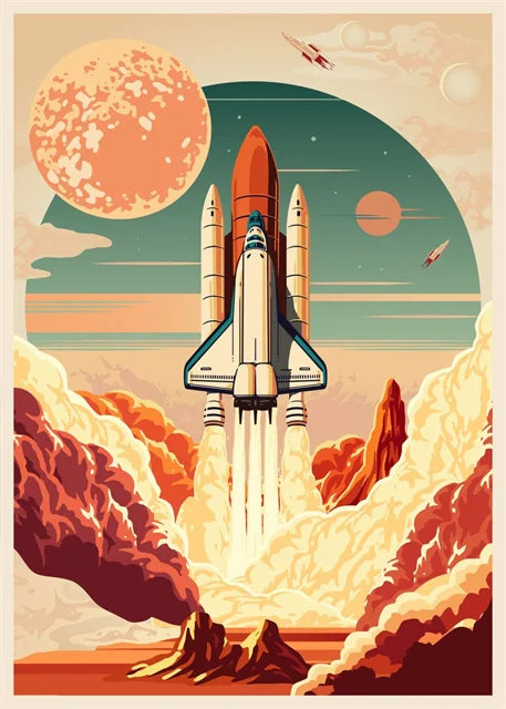 Illustration of a space shuttle launch with planets and rockets in the background