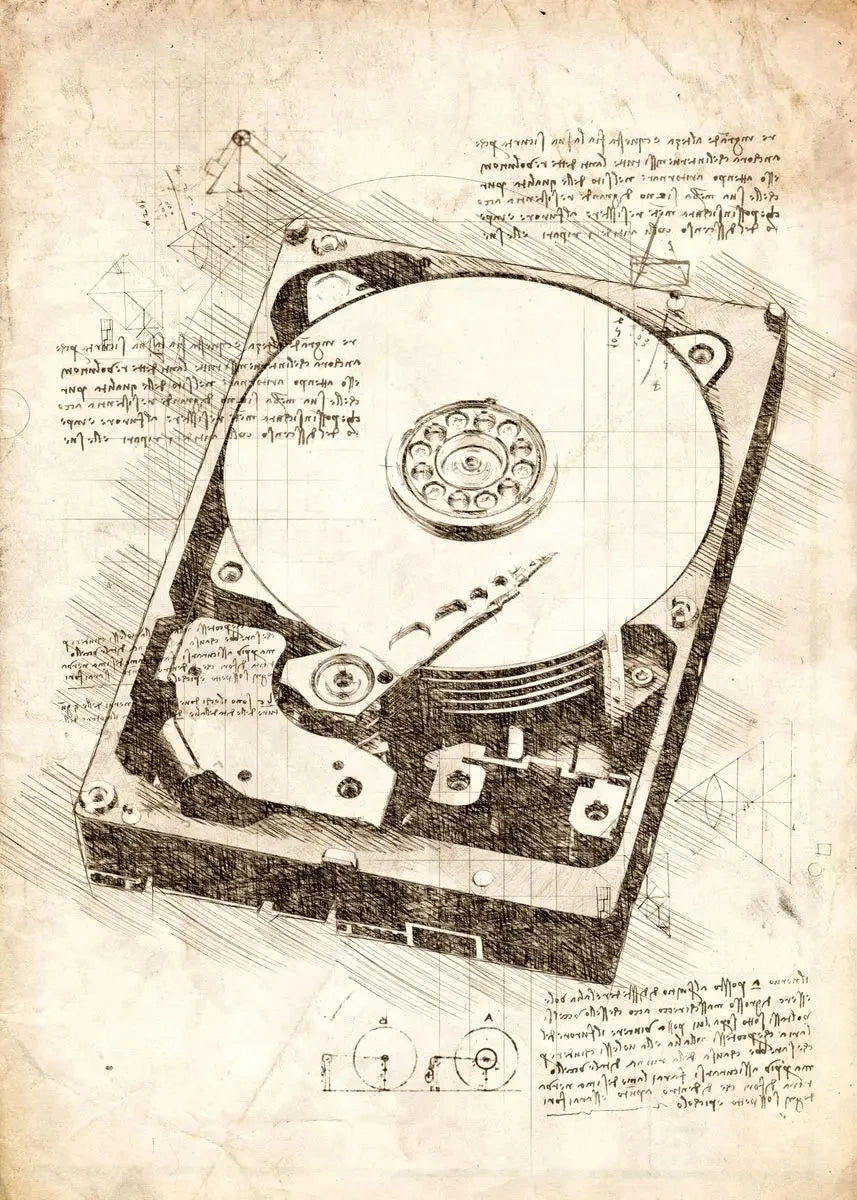 Technical drawing of a hard drive on a textured paper background with annotations.