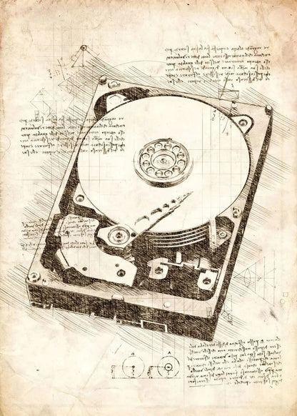 Technical drawing of a hard drive on a textured paper background with annotations.