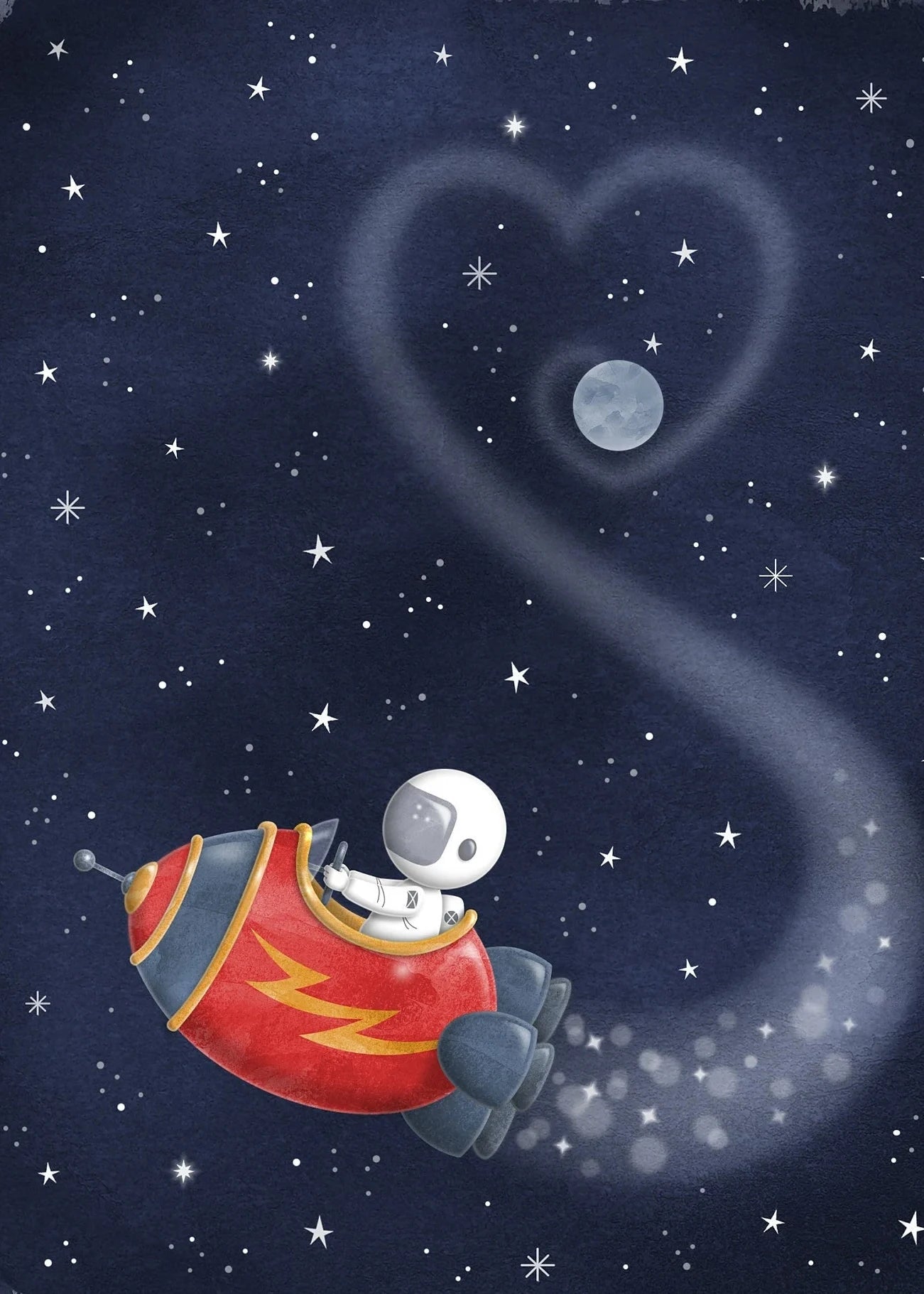 Illustration of an astronaut in a rocket ship with a heart-shaped trail against a starry night sky.