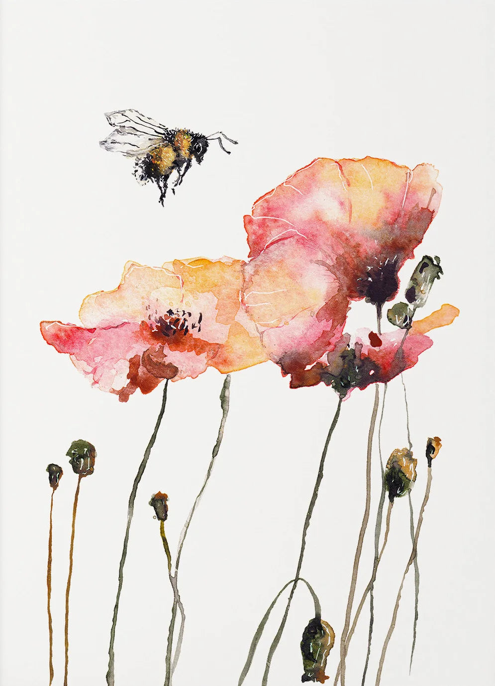 Artistic depiction of flowers and a bee on a white background