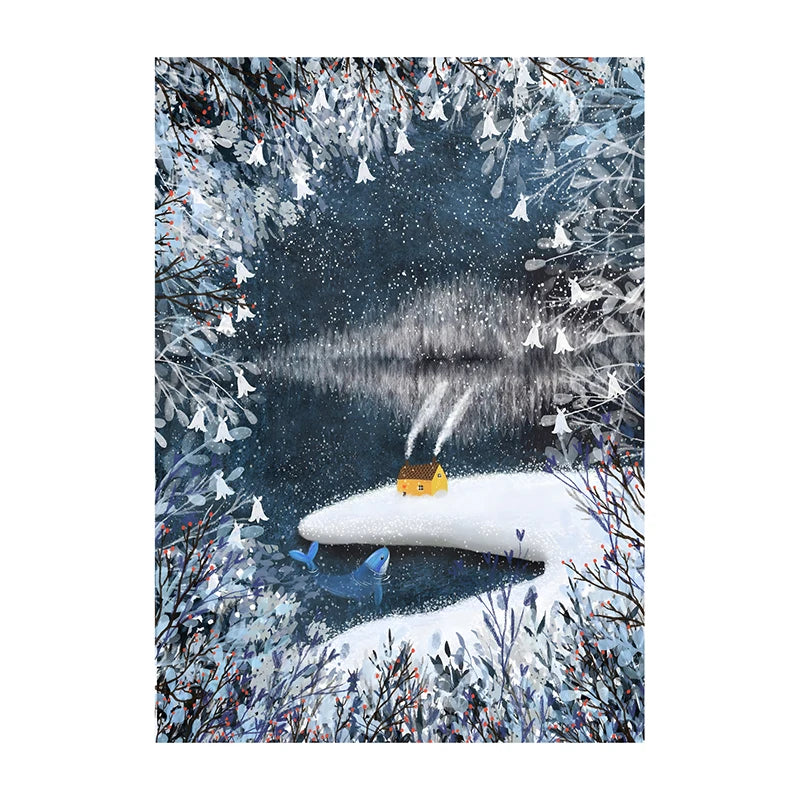 Winter scene with a snowy landscape, a small house, and trees with snow-covered branches.