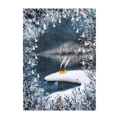 Winter scene with a snowy landscape, a small house, and trees with snow-covered branches.