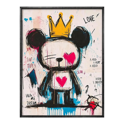 Colorful abstract painting of a bear with a crown and hearts, on a white background.