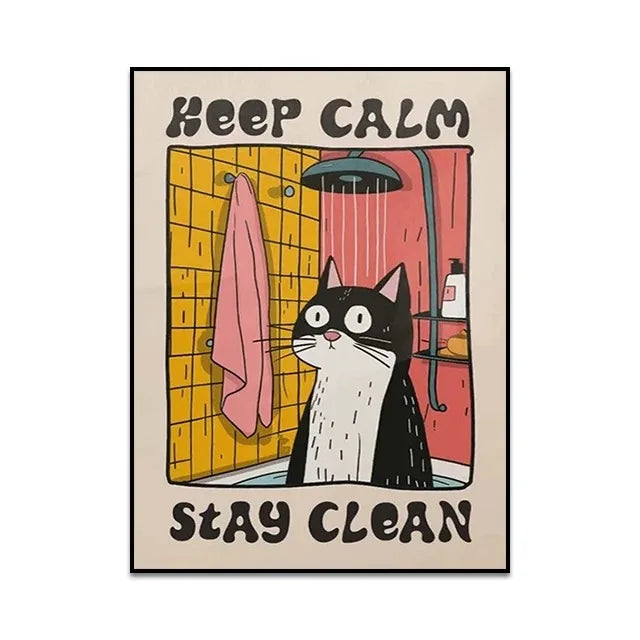 Poster with a cat in a shower, 'Keep Calm Stay Clean' text, and bathroom elements.