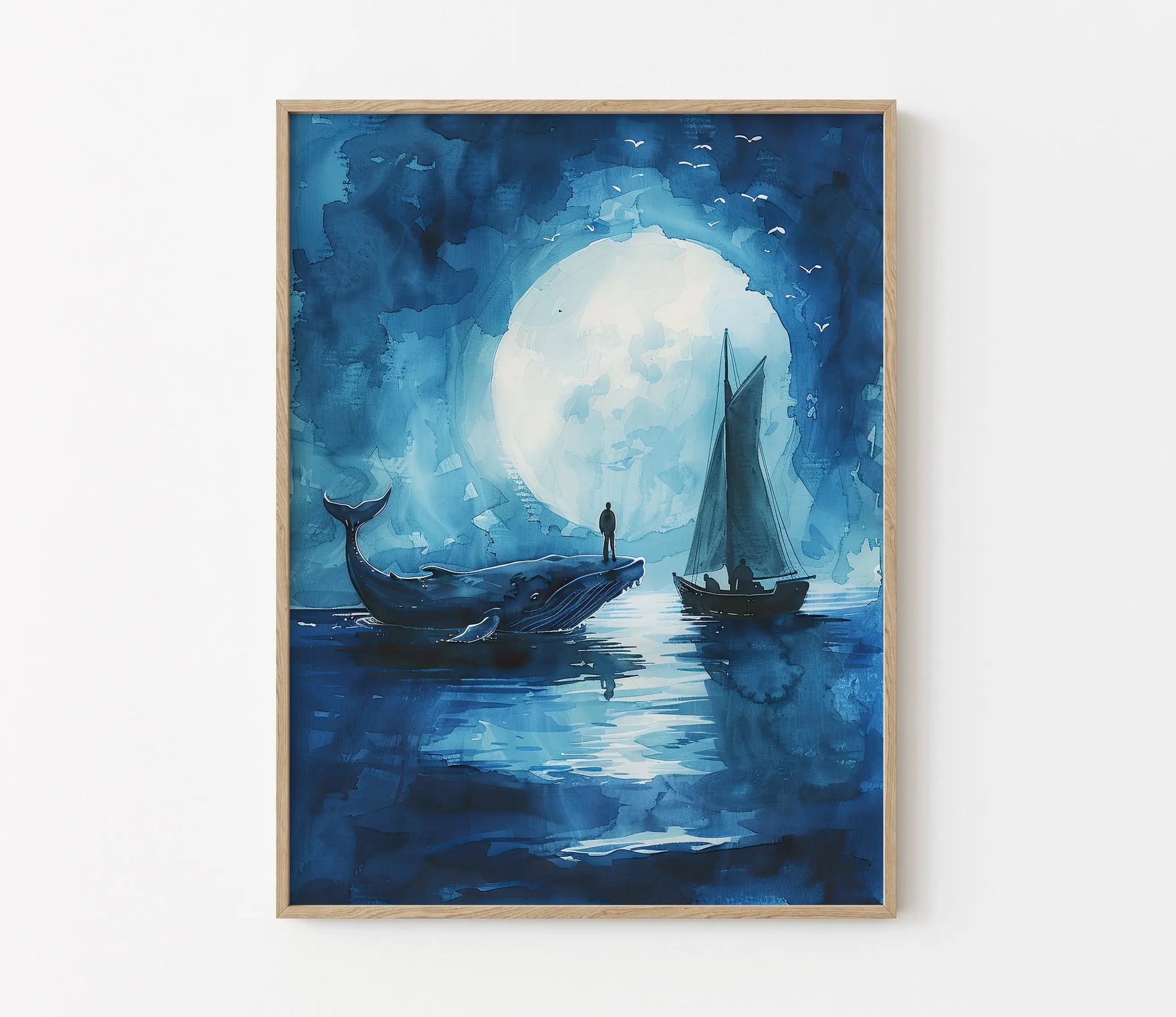 Framed artwork of a whale and sailboat under a moonlit sky.