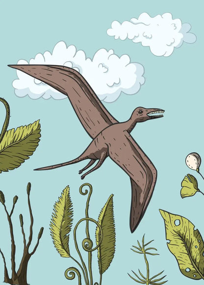 Illustration of a pterodactyl flying among plants and clouds on a light blue background