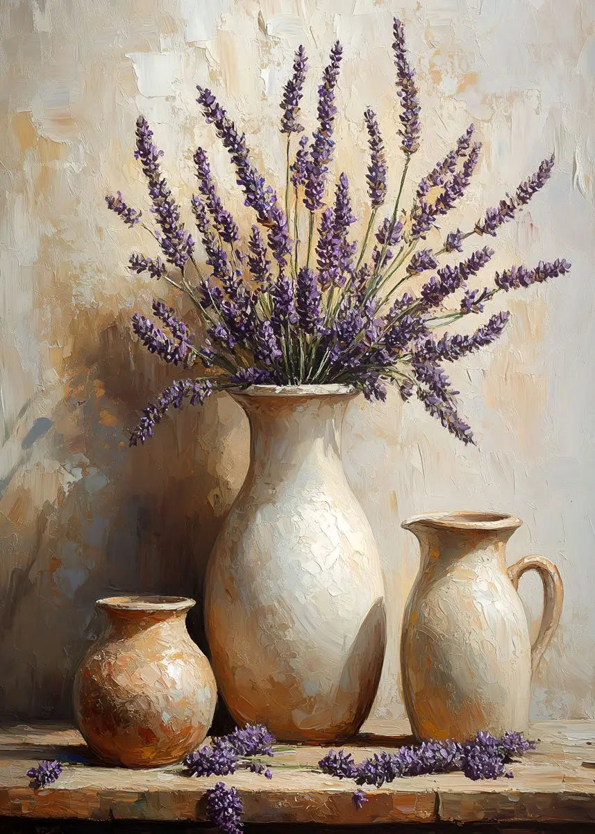 Three ceramic vases with lavender on a wooden surface against a textured wall.