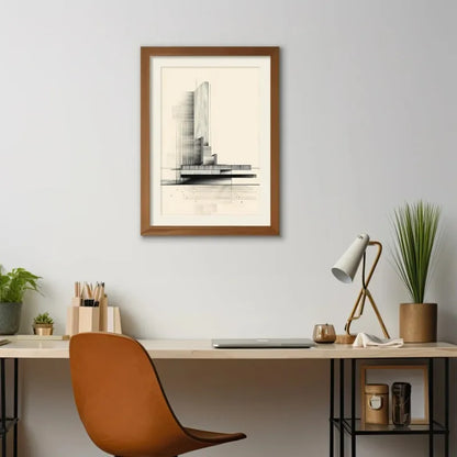 Modern office setup with a framed artwork on the wall, desk, chair, and decorative items.