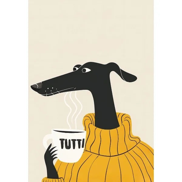 Illustration of a dog in a yellow sweater holding a 'TUTTI' coffee cup.