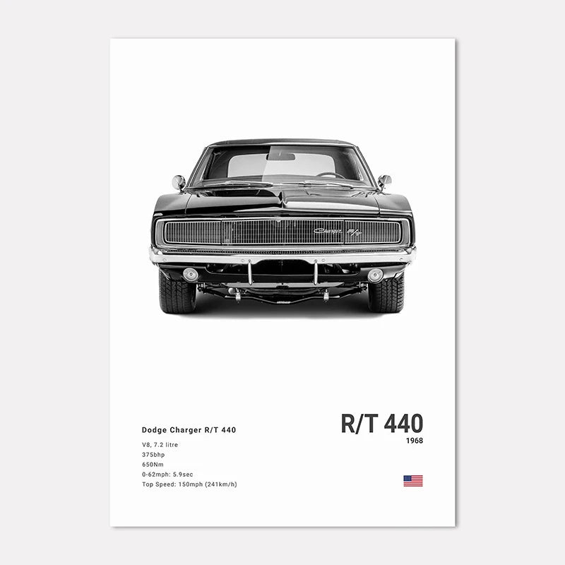 Black and white poster of a Dodge Charger R/T 440 with specifications on a white background