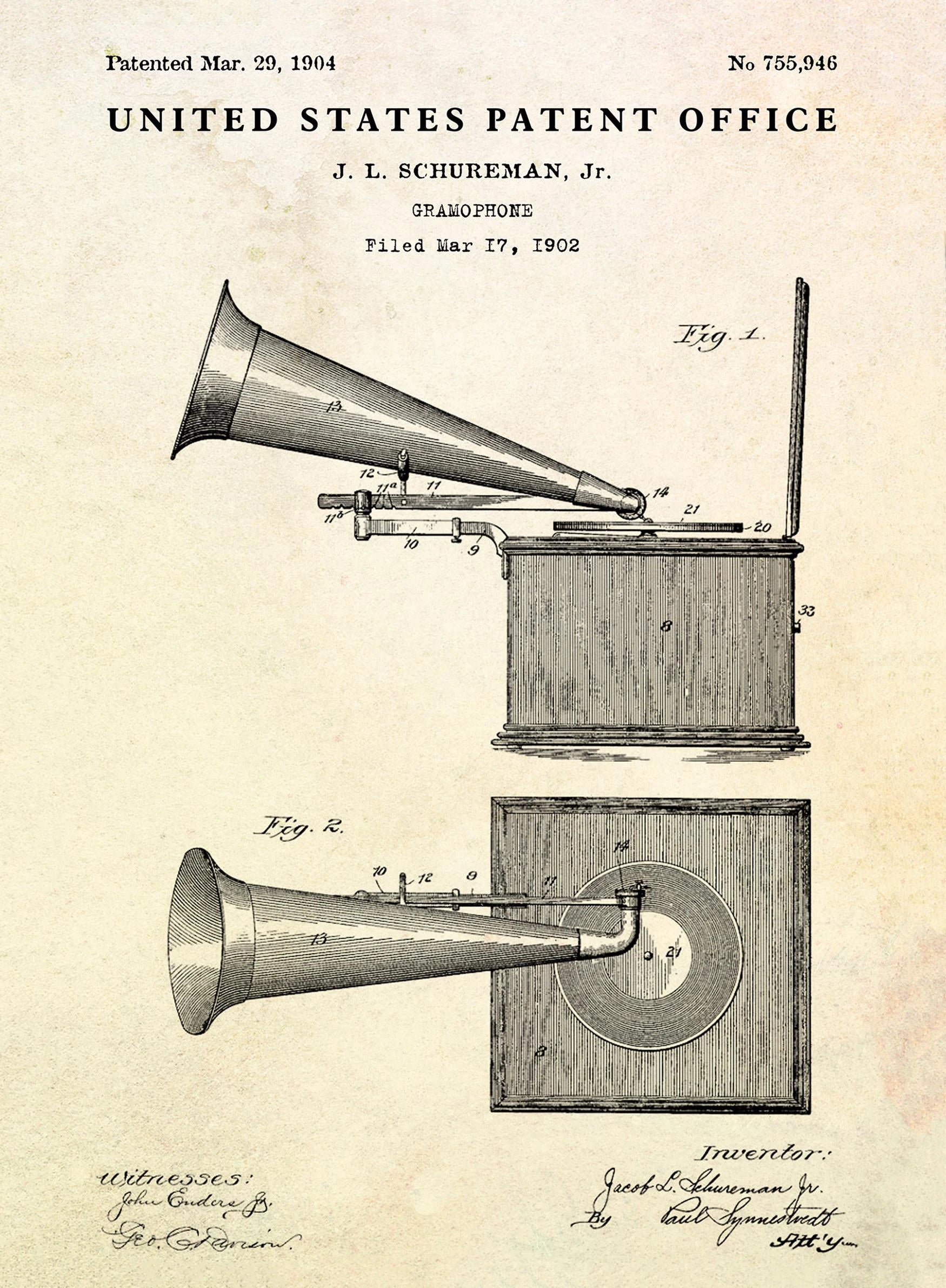 Patent illustration of a gramophone from the United States Patent Office, featuring two views of the device.