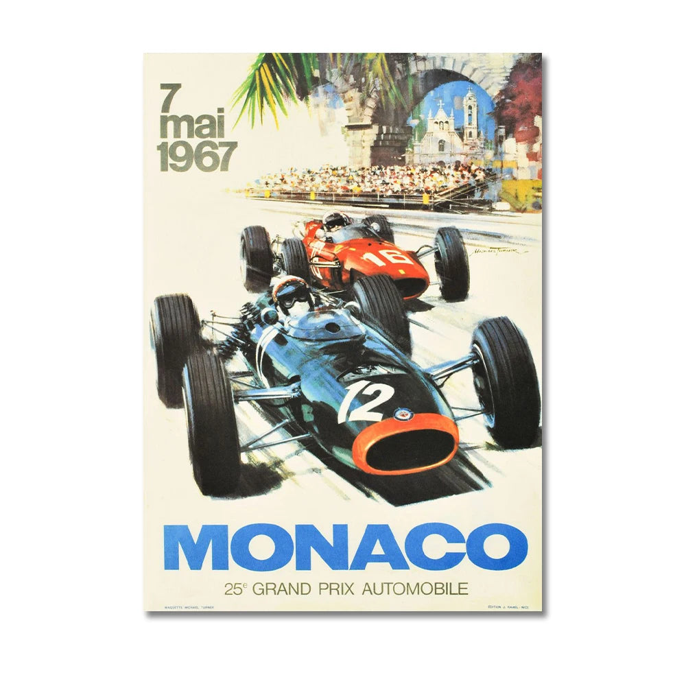 Vintage-style poster of Formula 1 cars racing with text '7 mai 1967' and 'MONACO 25e Grand Prix Automobile' on a beige background.