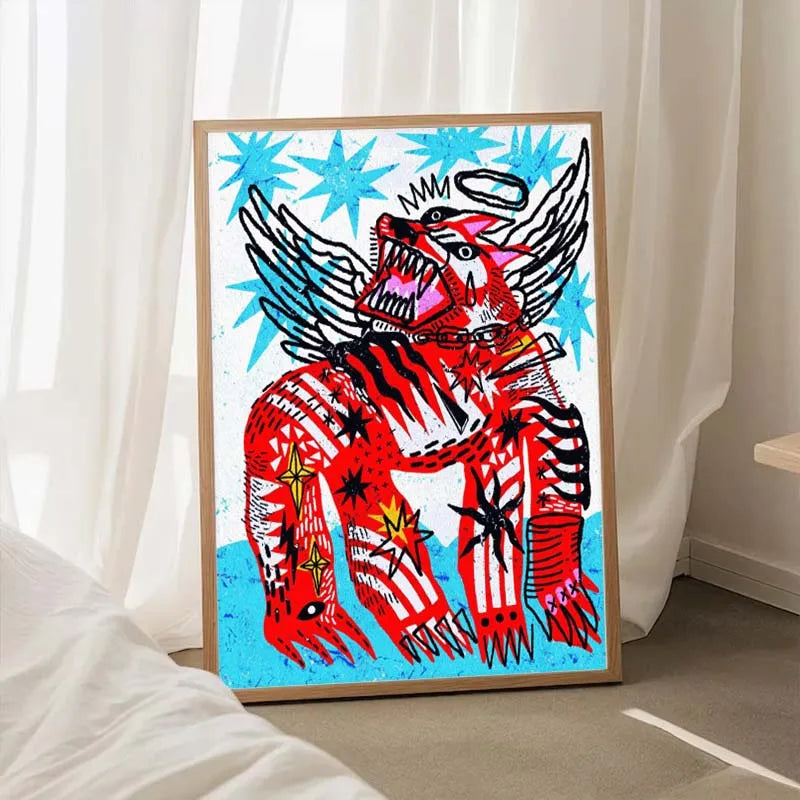 Framed artwork of a red creature with wings on a white background