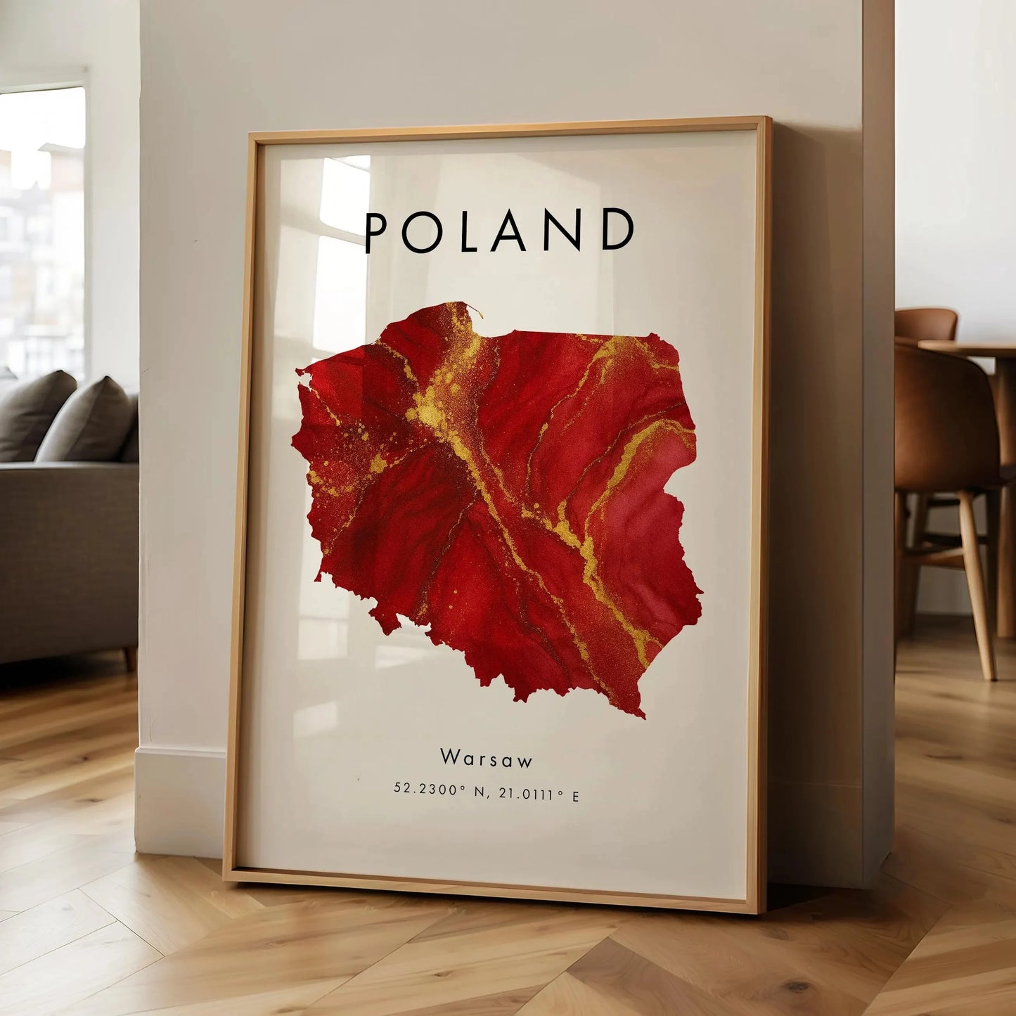 Framed map of Poland with Warsaw highlighted in a living room setting.