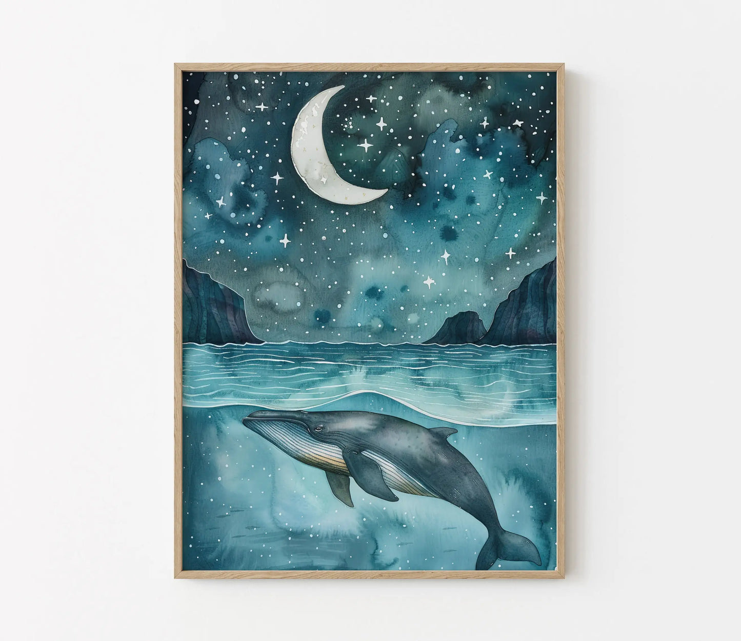 Framed artwork of a whale in a starry night sky with mountains and moon.