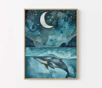 Framed artwork of a whale in a starry night sky with mountains and moon.