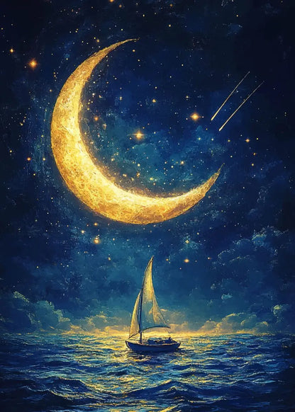 Sailboat under a large, glowing crescent moon in a starry night sky.