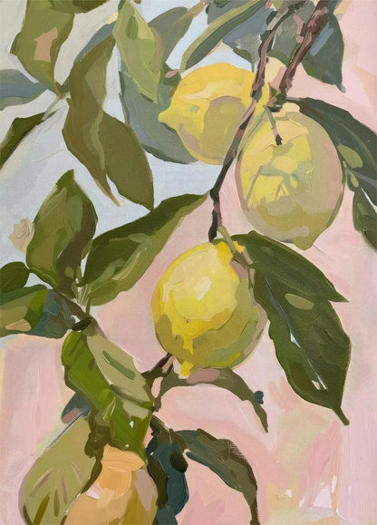 Painting of lemons on a branch with green leaves against a light pink background