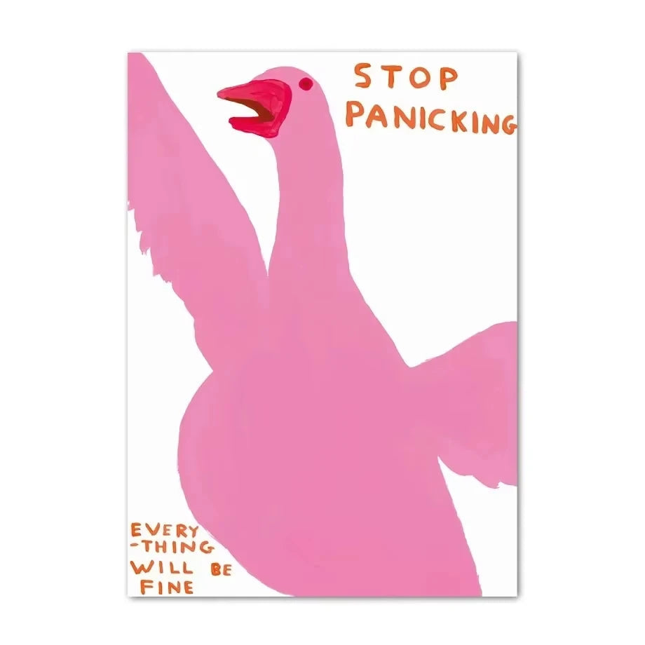 Pink swan illustration with text 'Stop Panicking, Everything Will Be Fine' on a white background