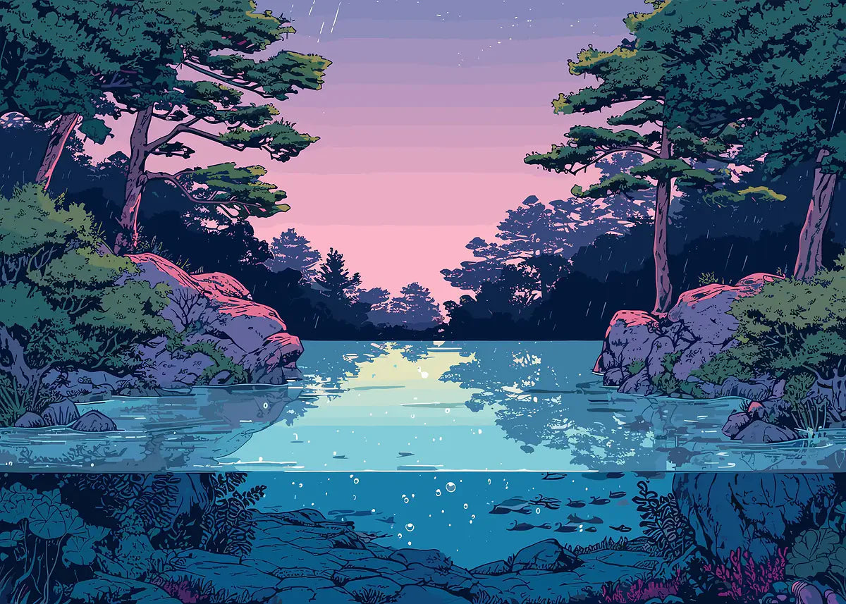 Pixel art landscape of a forest lake at dusk with pink sky and underwater view.