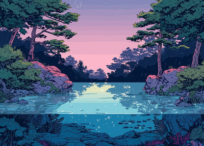 Pixel art landscape of a forest lake at dusk with pink sky and underwater view.