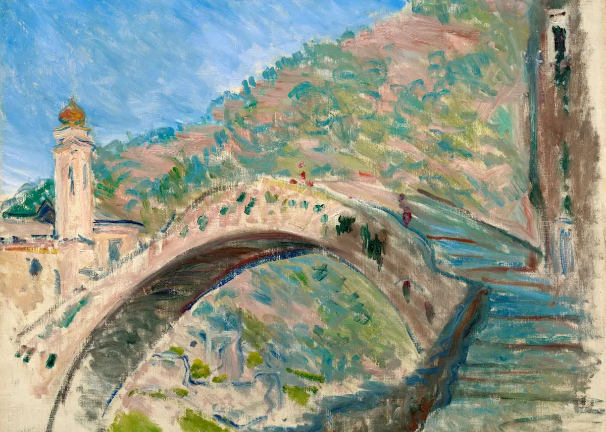 Painting of a bridge over a river with a mountainous background