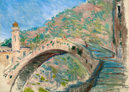 Painting of a bridge over a river with a mountainous background
