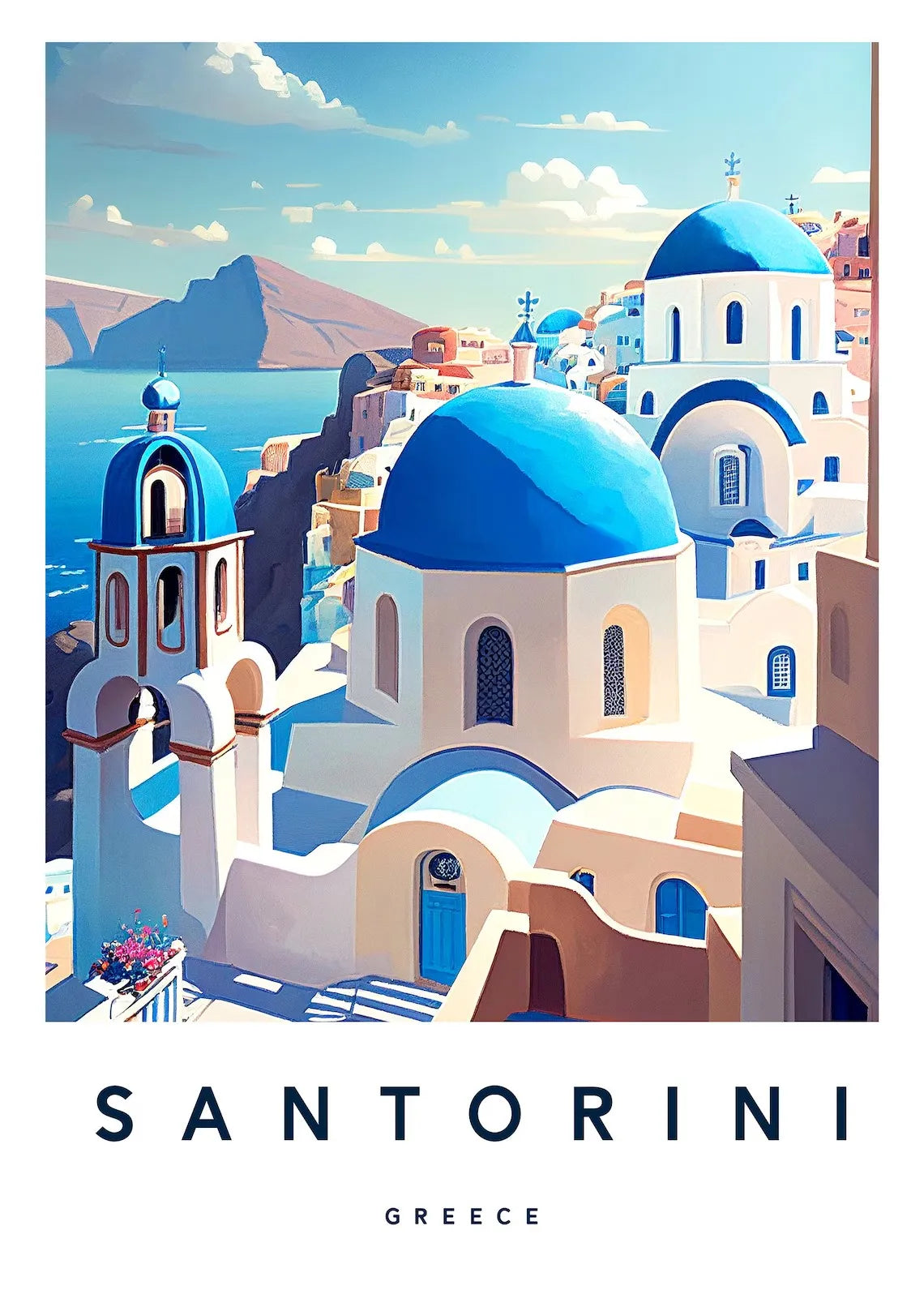 Illustration of Santorini with blue domes and white buildings by the sea.