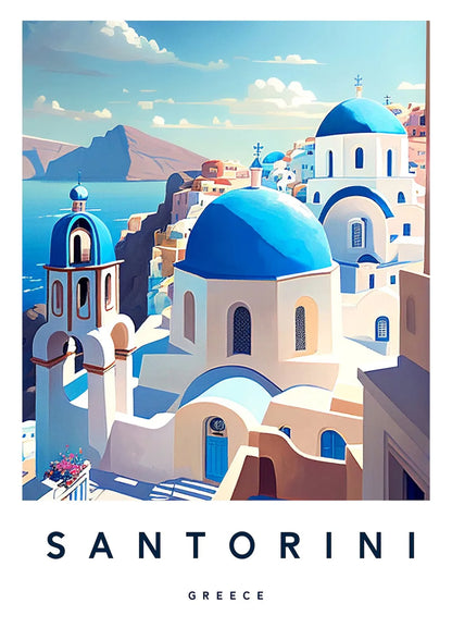 Illustration of Santorini with blue domes and white buildings by the sea.