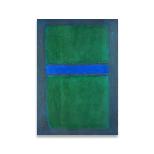 Abstract art piece with two green rectangles and a blue horizontal line on a dark background