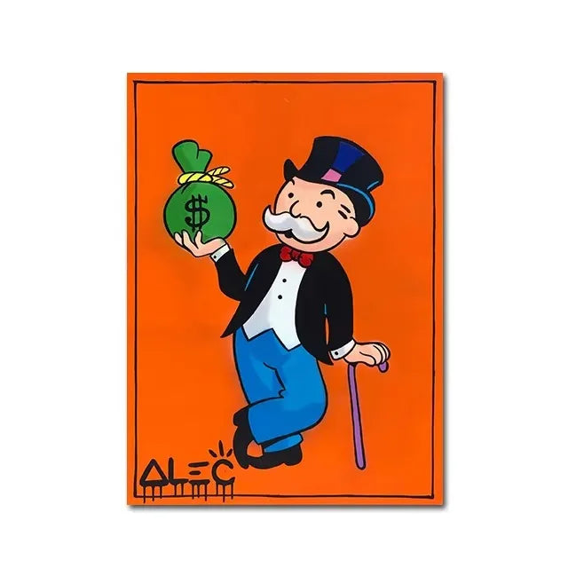 Monopoly mascot holding a bag of money on an orange background