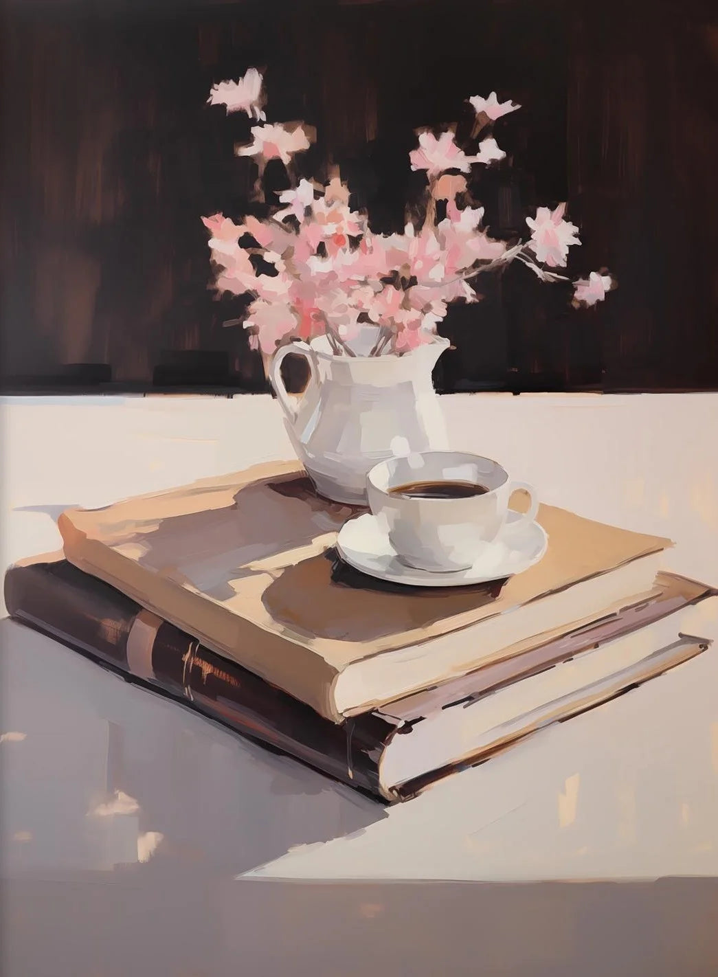 Still life with a cup of coffee, saucer, and pitcher with flowers on books.