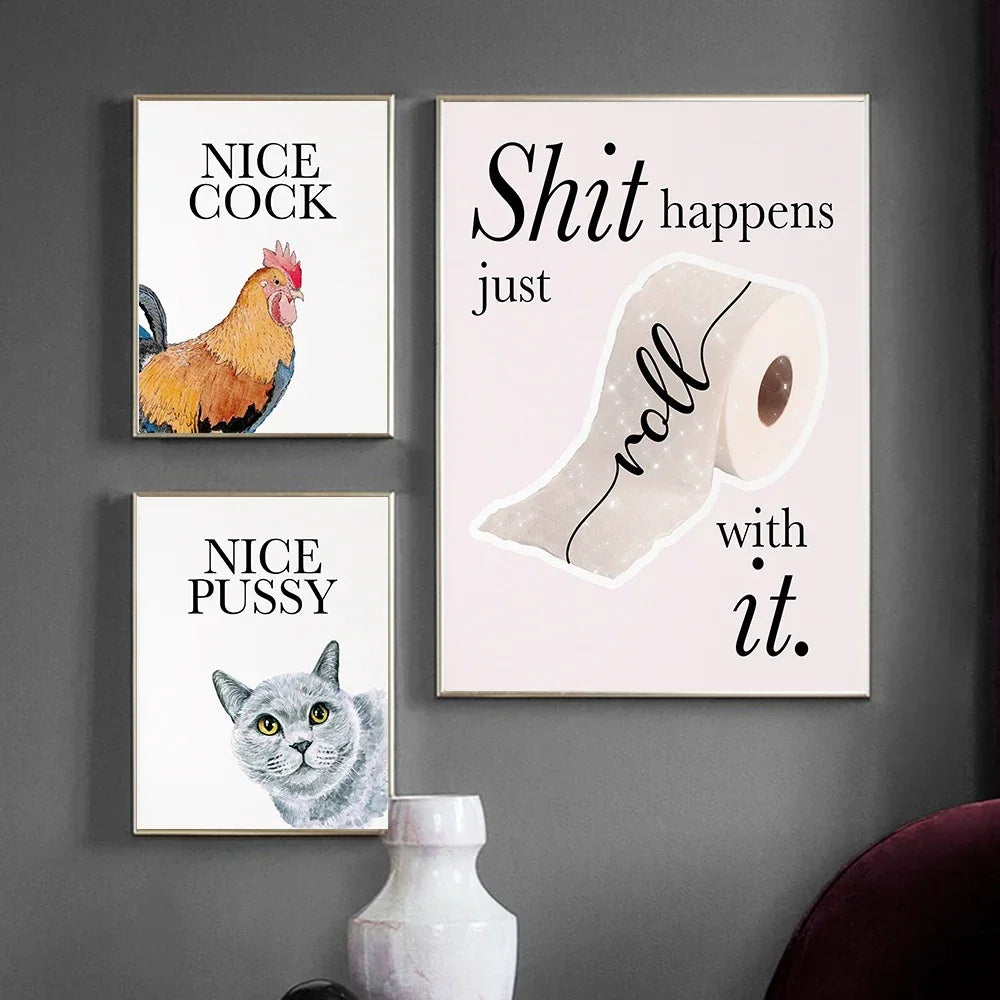 Three framed prints with humorous text and images on a gray wall.