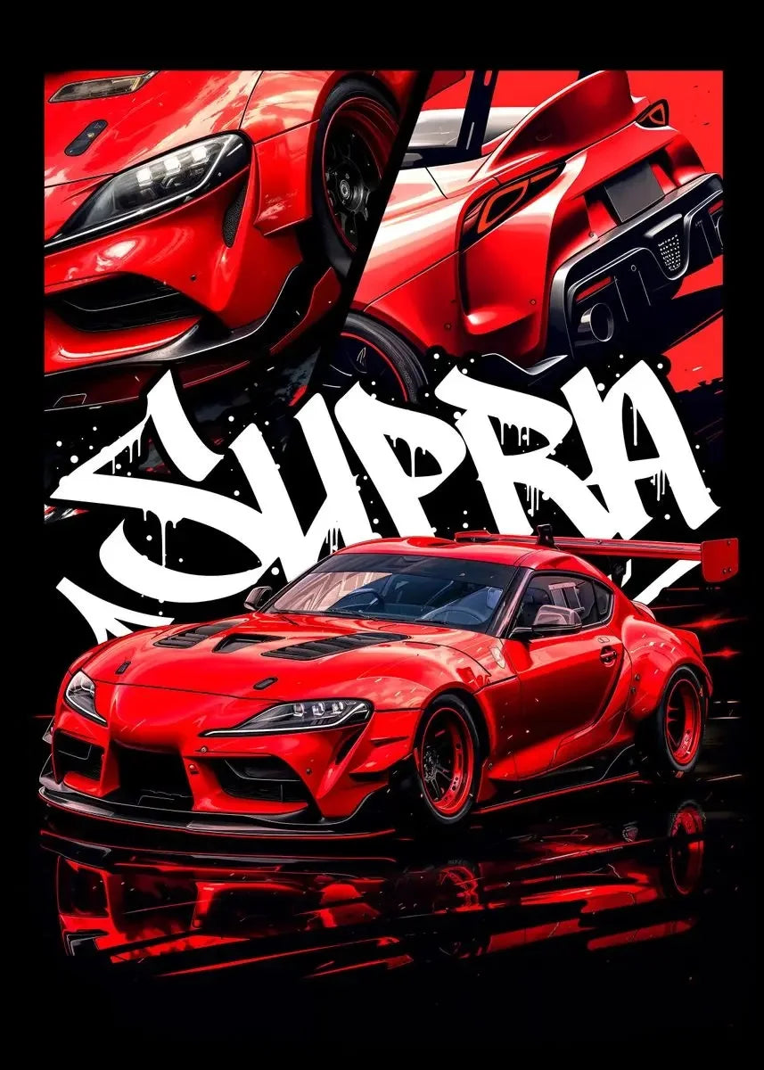 Red sports car with 'Supra' branding on a black background