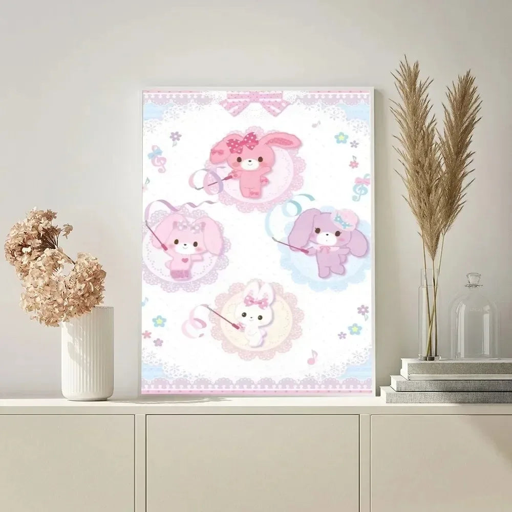 Framed cartoon poster of pink animals on a shelf with decorative items.