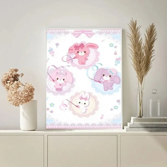 Framed cartoon poster of pink animals on a shelf with decorative items. Canvas & Curio