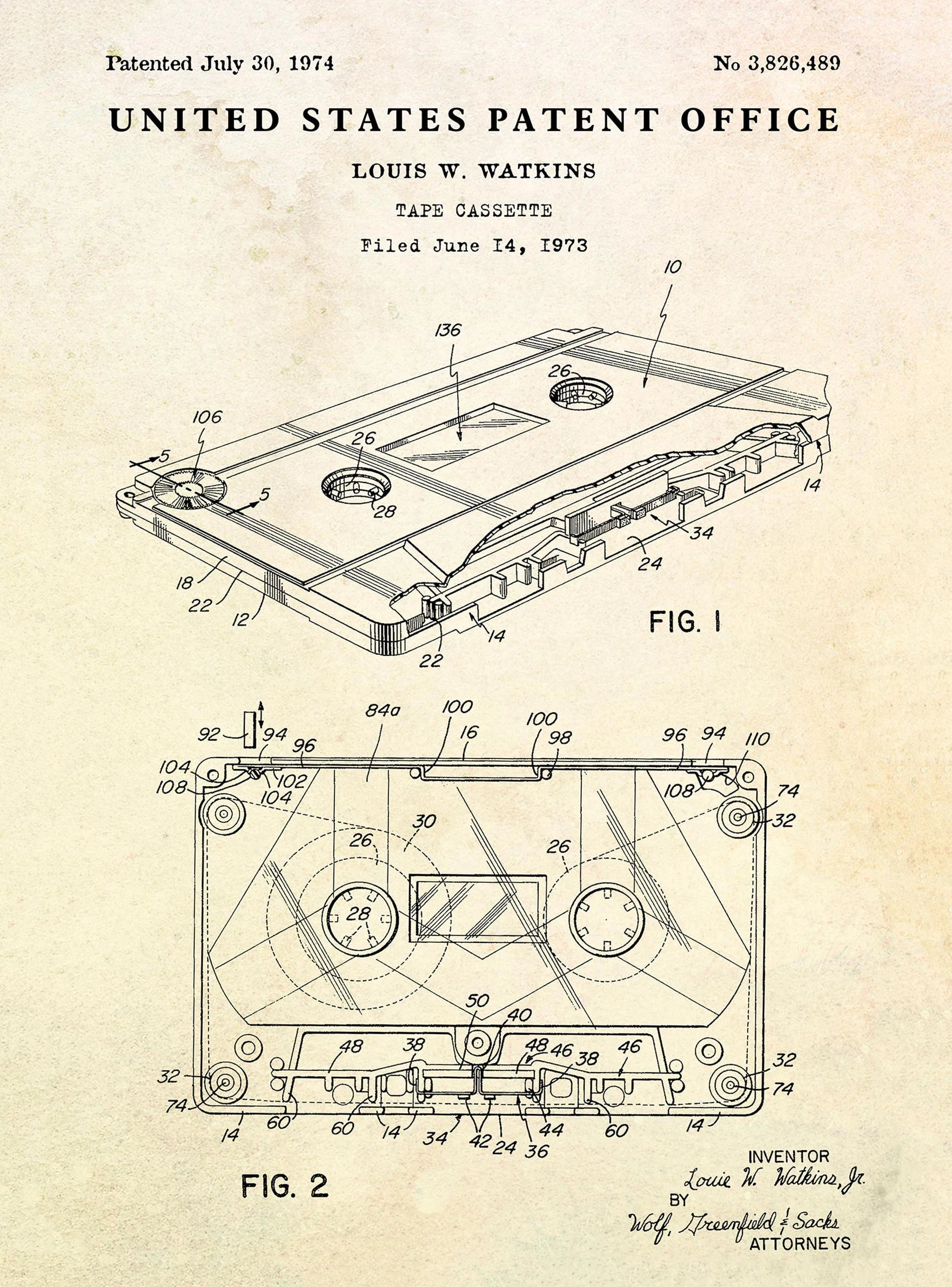 Patent illustration of a tape cassette design with technical details on a beige background.