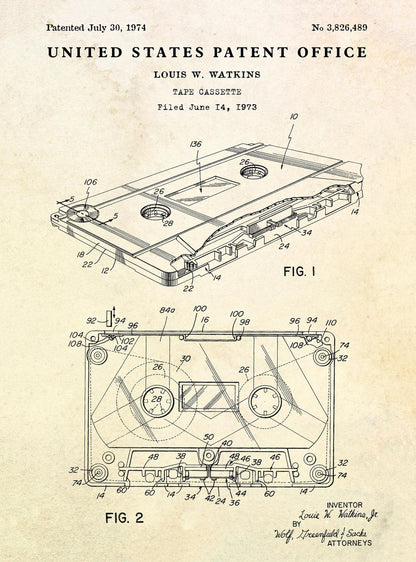 Patent illustration of a tape cassette design with technical details on a beige background.