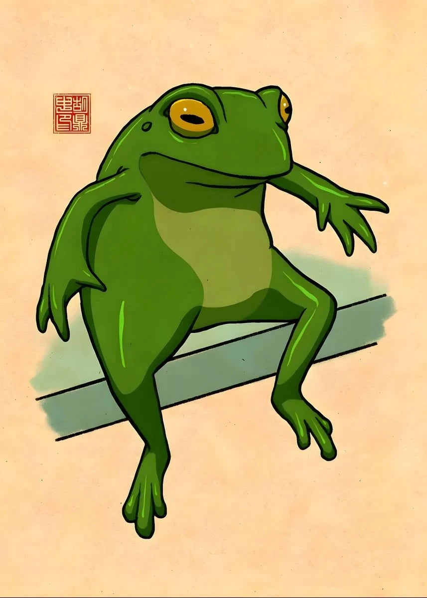 Cartoon green frog sitting on a branch with a beige background