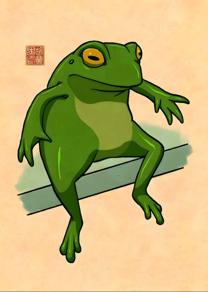Cartoon green frog sitting on a branch with a beige background