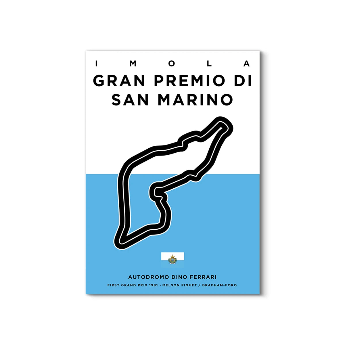 Poster of the Imola circuit layout for Gran Premio di San Marino with blue and white design.