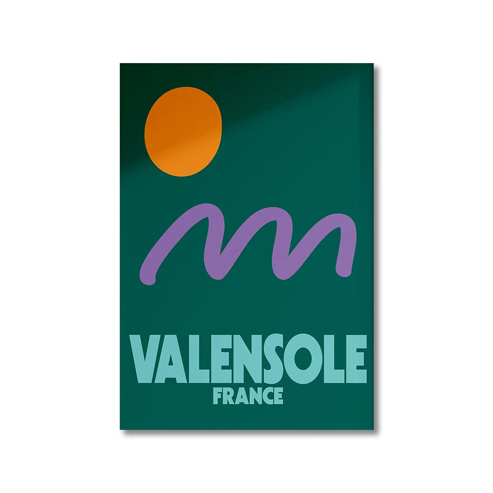 Poster with 'Valensole France' text and a purple 'm' on a green background