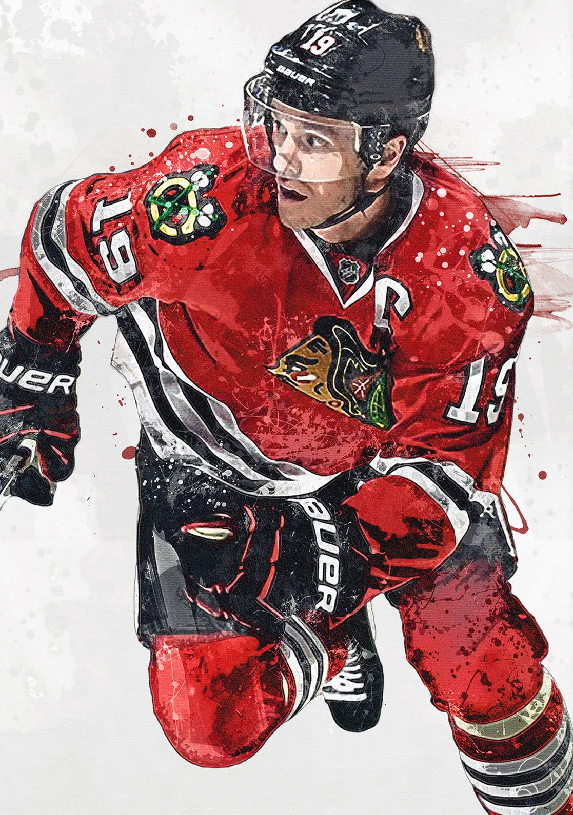 Hockey player in a red uniform with black helmet and gloves, on a white background