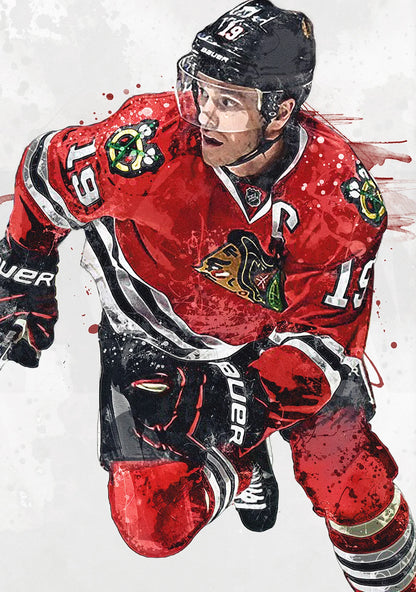 Hockey player in a red uniform with black helmet and gloves, on a white background