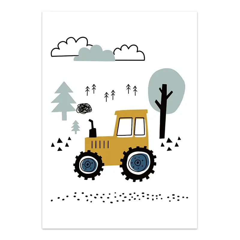 Illustration of a yellow tractor with trees and clouds on a white background